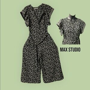 Max Studio Y2K Black‎ floral Jumpsuit Culotte SZ L Women Pocket Button Up Flare